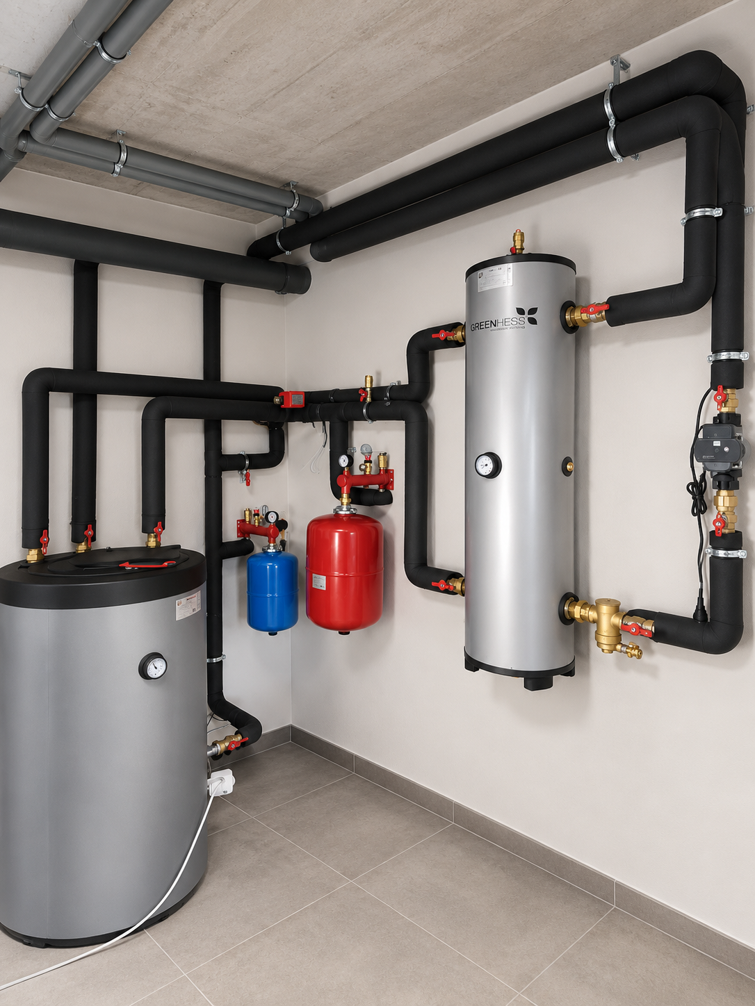 Sala técnica con depósitos y tuberías aisladas de una instalación térmica profesional
