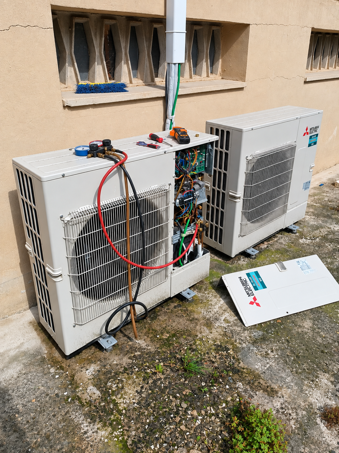 Unidad exterior abierta durante un trabajo de mantenimiento de climatización
